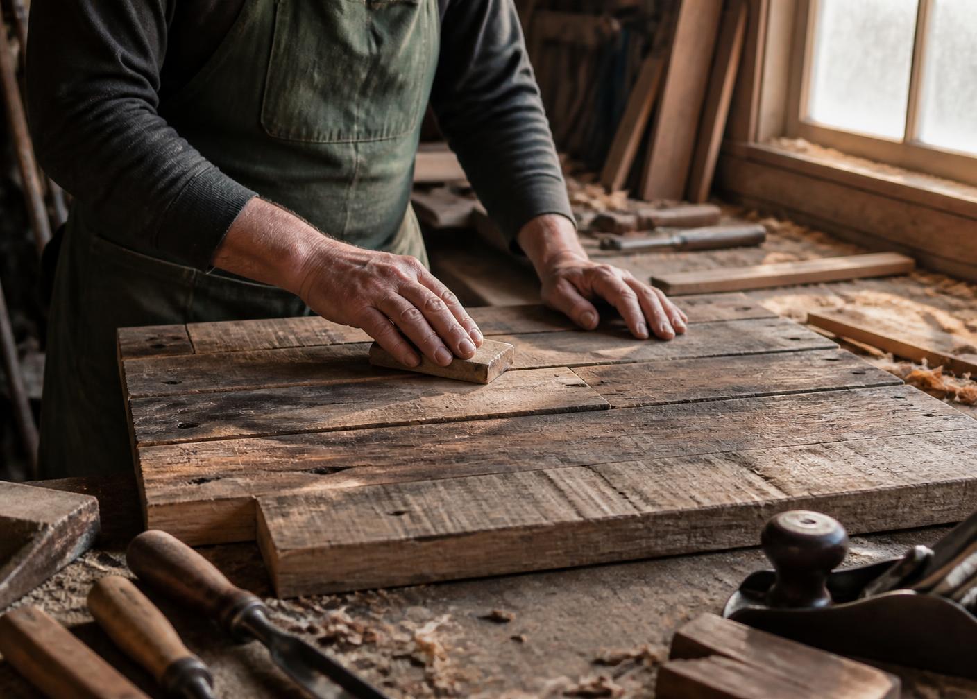 A maker sanding a reclaimed cedar panel in a small workshop