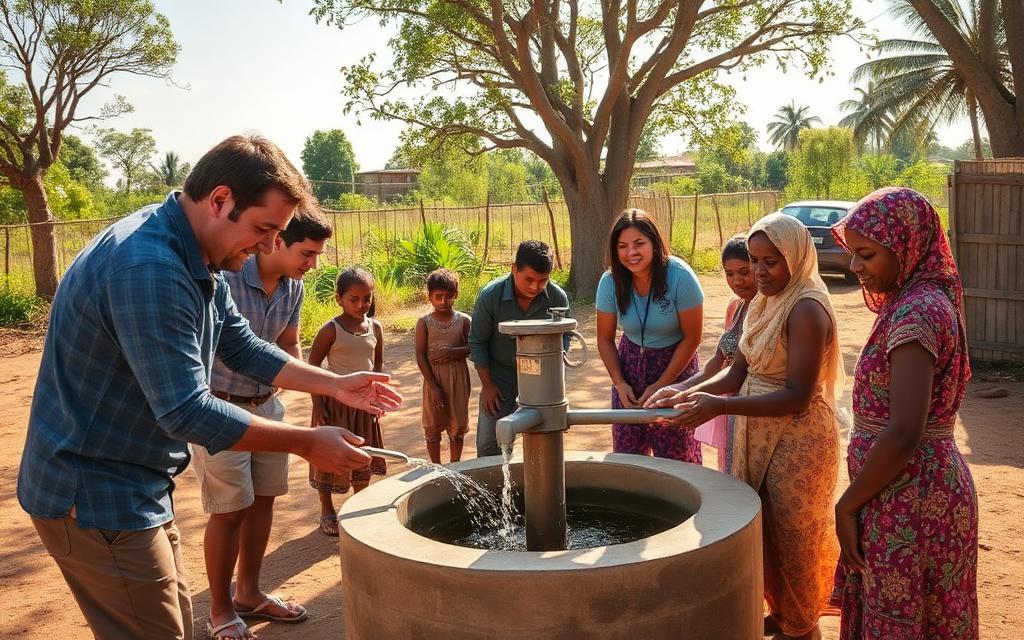Missionary volunteers building a clean water well with villagers